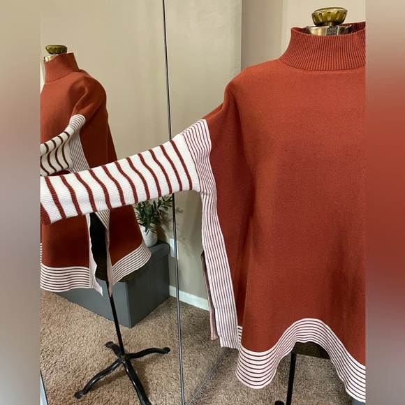 Chicwish Mock Neck Poncho Sweater Pullover Burnt Orange Striped Size S / M - Picture 4 of 13